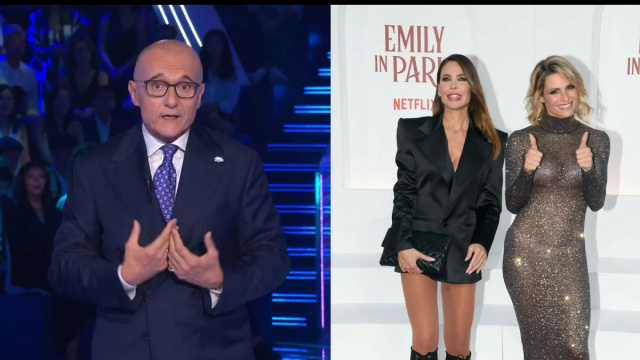 Alfonso Signorini, Ilary Blasi e Michelle Hunziker &copy; Canale 5 / Instagram.