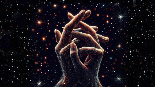 Mani intrecciate tra le stelle - &copy; Foto Pixabay IA.
