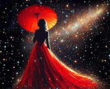 Donna con vestito e ombrellino rosso tra le stelle – © Copilot IA.