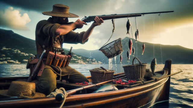 Numero 61 della Smorfia napoletana, 'o cacciatore per i Pesci. &copy; Immagine creata con Dall-E