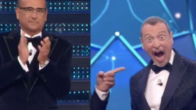 In foto Carlo Conti e Amadeus, screenshot © Rai 1.