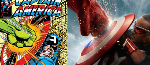 La copertina del libro e la locandina del film di Captain America © Mcu