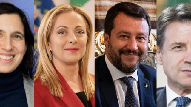Elly Schlein, Giorgia Meloni, Matteo Salvii e Giuseppe Conte (© Wikimedia commons)