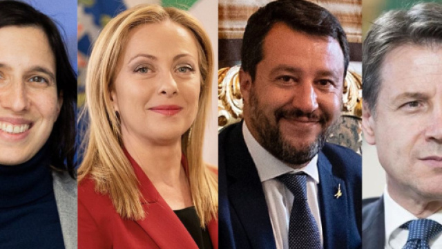 Elly Schlein, Giorgia Meloni, Matteo Salvii e Giuseppe Conte (© Wikimedia commons)