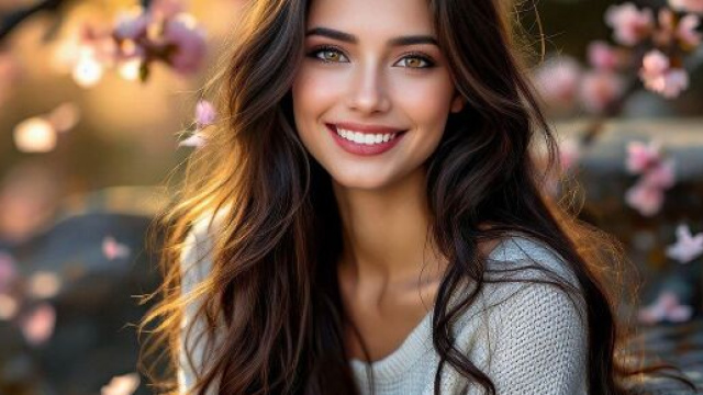 Donna sorridente con fiori rosa sullo sfondo - &copy; Pixabay.