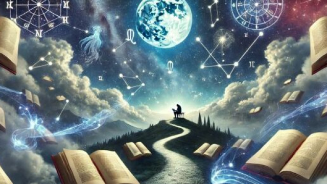 Un paesaggio mistico che fonde astrologia e letteratura, con costellazioni a forma. © Immagine creata con Dall-E
