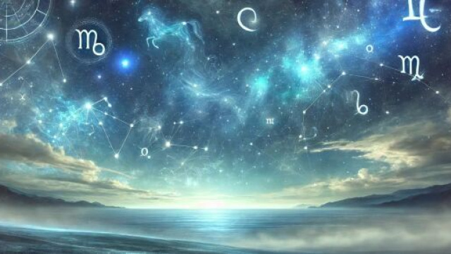 Un cielo notturno mistico, costellazioni luminose e simboli zodiacali che emergono in un'atmosfera eterea. © Immagine creata con Dall-E