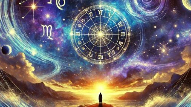 Una ruota zodiacale immersa nell'atmosfera cosmica, &copy; Immagine creata con Dall-E.