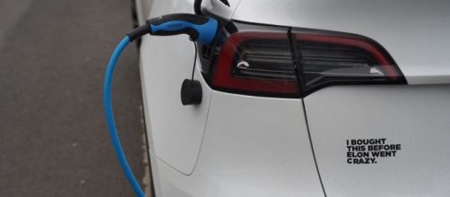 Una Tesla con l'adesivo che Piccolotti dice di aver attaccato alla sua Model Y. ©Shutterstock