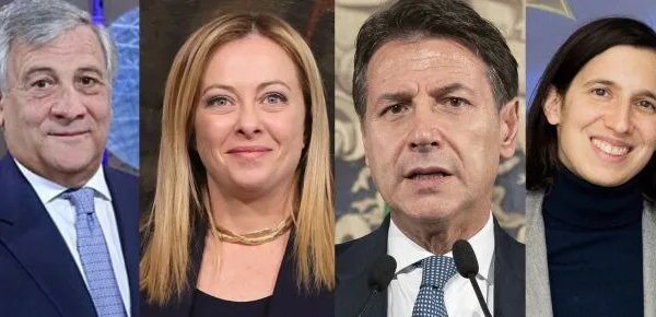 Antonio Tajani, Giorgia Meloni, Giuseppe Conte ed Elly Schlein (© Wikimedia commons)