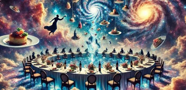 Rivisitazione de "La grande abbuffata" con tono astrale, dedicata allo spirito godereccio del Toro. © Immagine creata con Dall-E