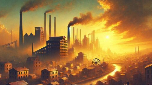 Illustrazione ispirata a L’età dell’oro di Edoardo Nesi, che cattura il contrasto tra passato e presente. © Immagine creata con Dall-E.