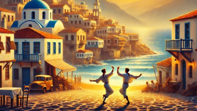 Immagine ispirata a Zorba il Greco, con l'atmosfera calda e libera di una danza sulla spiaggia al tramonto. © Immagine creata con Dall-E