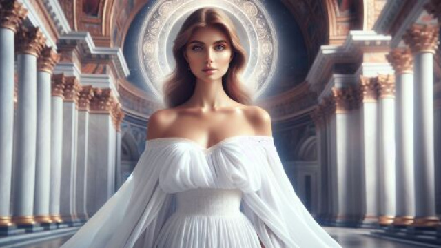 Immagine ispirata a La donna in bianco per il Vergine. &copy; Immagine creata con DALL&middot;E