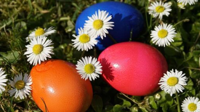 Delle uova colorate in mezzo a dei fiori (© Pixabay).