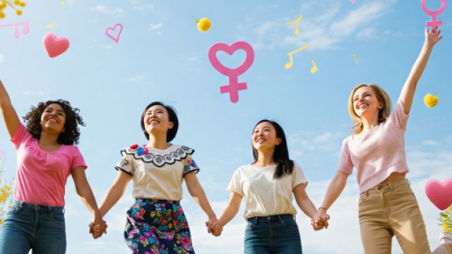 Donne sorridenti saltano felici, con cuori e mimose a fare da scenario - © Gemini AI.