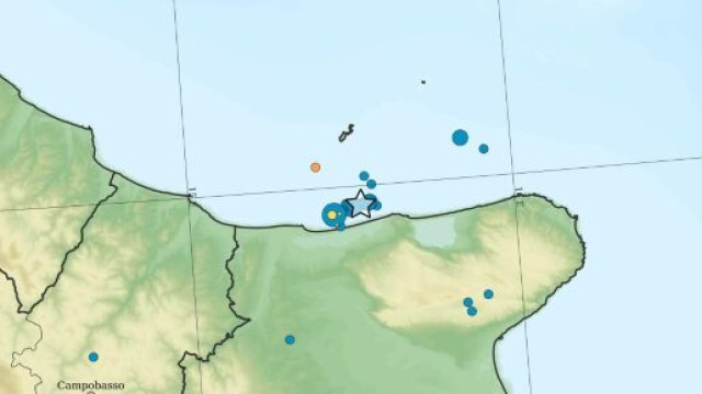Epicentro del terremoto in Puglia sulla Costa Garganica, in corrispondenza dello sciame sismico cominciato il 13 marzo &copy; Mappa Ingv