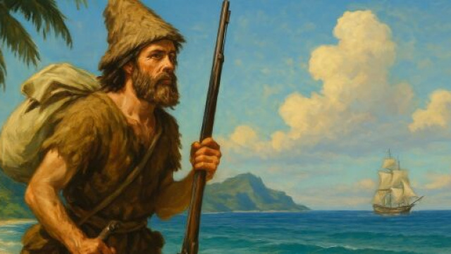 Illustrazione ispirata a Robinson Crusoe. © Immagine creata con Dall-E