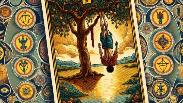 L'immagine raffigura il Leone insieme alla carta dell'Appeso, simbolo di introspezione e trasformazione interiore. © Immagine creata con Dall-E
