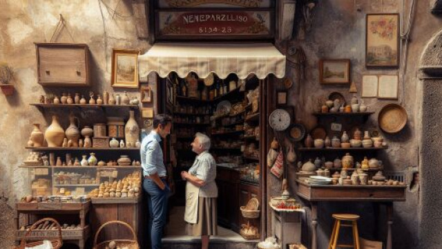 Illustrazione ispirata al numero 86 della Smorfia napoletana: 'a puteca, la bottega. © Immagine creata con Dall-E