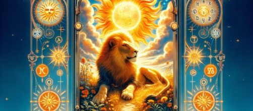 La carta dei tarocchi del Sole guida il Leone verso un giorno di rivelazioni. © Immagine creata con Dall-E