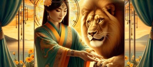 La carta dei tarocchi della Forza e il segno Leone illuminano il cammino verso nuove conquiste. © Immagine creata con Dall-E
