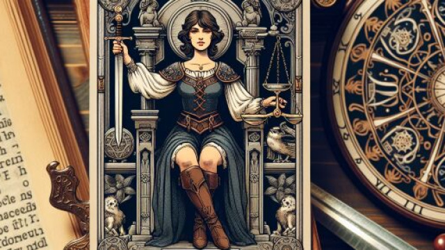 L'immagine rappresenta la carta dei tarocchi della Giustizia con il segno della Bilancia. &copy; Immagine creata con Dall-E