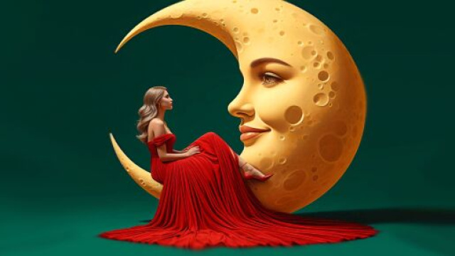 Donna in rosso con luna che sorride - © Pixabay AI.
