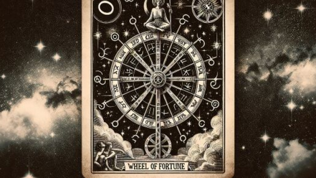 Rappresentazione della carta dei tarocchi Ruota della Fortuna con simboli legati al segno del Cancro. © Immagine creata con Dall-E