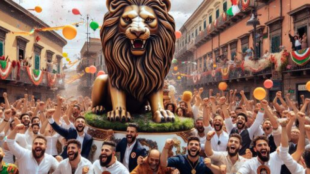 Il Leone abbraccia la celebrazione della festa nel contesto dell'oroscopo della Smorfia napoletana. © Immagine creata con Dall-E