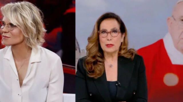 In foto Maria De Filippi, Cesara Buonamici e Papa Francesco © Mediaset.