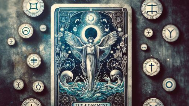 Carta del Giudizio con simboli di risveglio e rivelazione per il segno dei Pesci. &copy; Immagine creata con Dall-E
