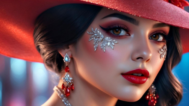Volto di donna con cappello rosso e zigomi glitterati - © Pixabay IA