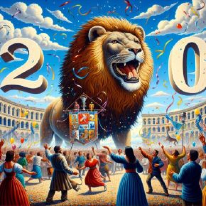 Leone e il numero 20 della Smorfia Napoletana: un inno alla festa e alla celebrazione. © Immagine creata con Dall-E