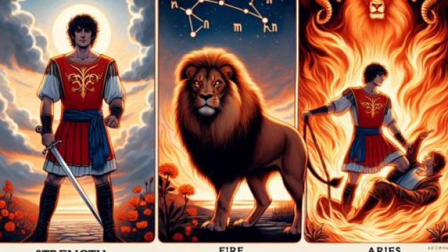 Carta della Forza nei Tarocchi per Ariete, simbolo di dominanza equilibrata. © Immagine creata con Dall-E