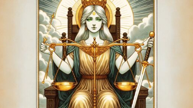 La carta della Giustizia guida le decisioni della Bilancia verso l'equilibrio. © Immagine creata con Dall-E