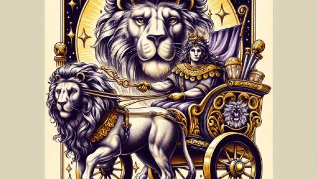 Leone e il Carro dei tarocchi: guida e determinazione per l'8 aprile 2025. © Immagine creata con Dall-E