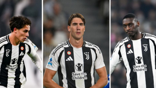 Kenan Yildiz, Dusan Vlahovic e Kolo Muani. Foto &copy; Juventus FC