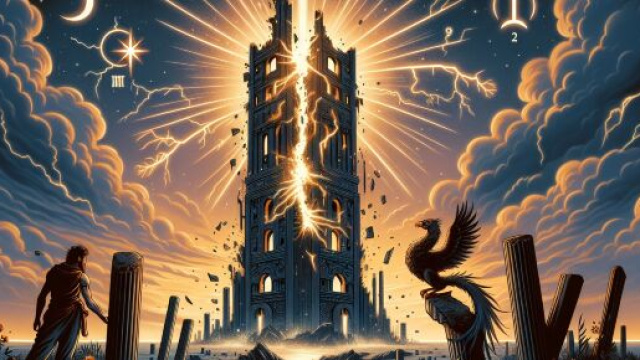 Rappresentazione della carta dei Tarocchi 'La Torre' associata ai Gemelli. © Immagine creata con Dall-E