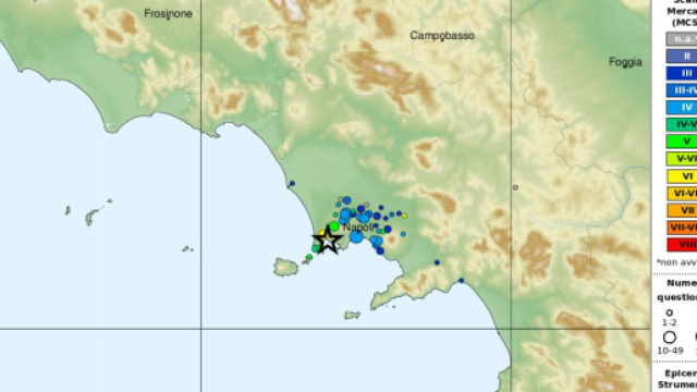 Intensità in Scala Mercalli del più forte dei terremoti ai Campi Flegrei (magnitudo 4.4). © Hai sentito il terremoto?