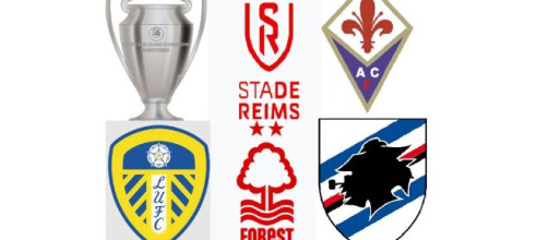 I loghi di Reims, Fiorentina, Leeds, Nottingham e Sampdoria, con il trofeo della Coppa dei Campioni © immagini da Wikimedia Commons