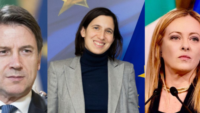 Giuseppe Conte, Elly Schlein e Giorgia Meloni (© Wikimedia commons)
