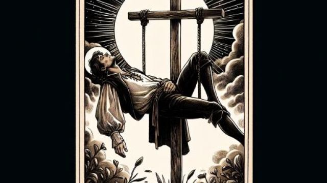 Illustrazione della carta dei tarocchi dell'Appeso per il segno del Toro. © Immagine creata con Dall-E