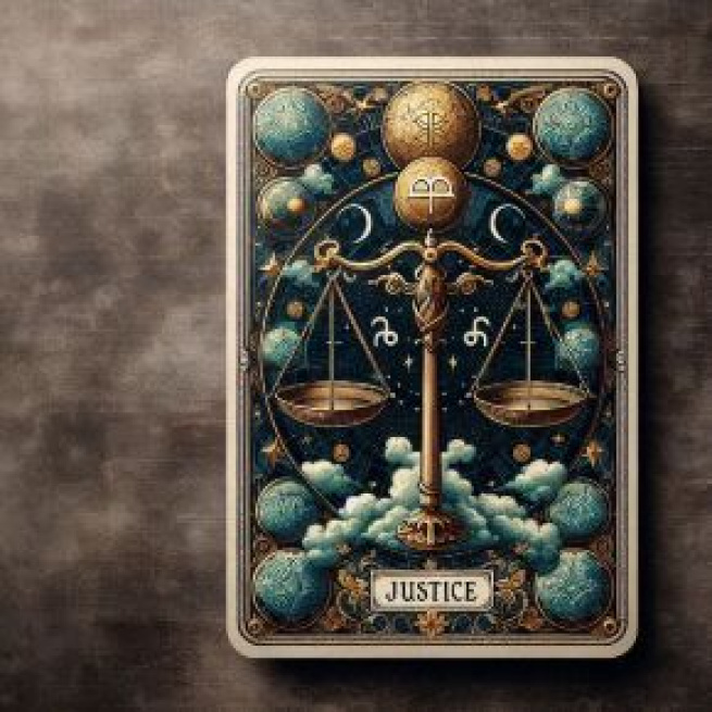 La carta della Giustizia per la Bilancia esplora il tema dell'equilibrio interiore. © Immagine creata con Dall-E