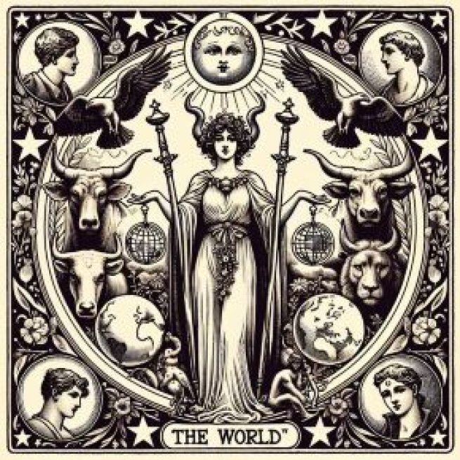La carta dei tarocchi del Mondo accompagna i Gemelli, illuminando percorsi di compimento e scoperta. © Immagine creata con Dall-E