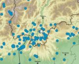 Terremoto in Trentino: la stella indica l’epicentro, i pallini blu i terremoti registrati nell’area dal 1985 a oggi © INGV.