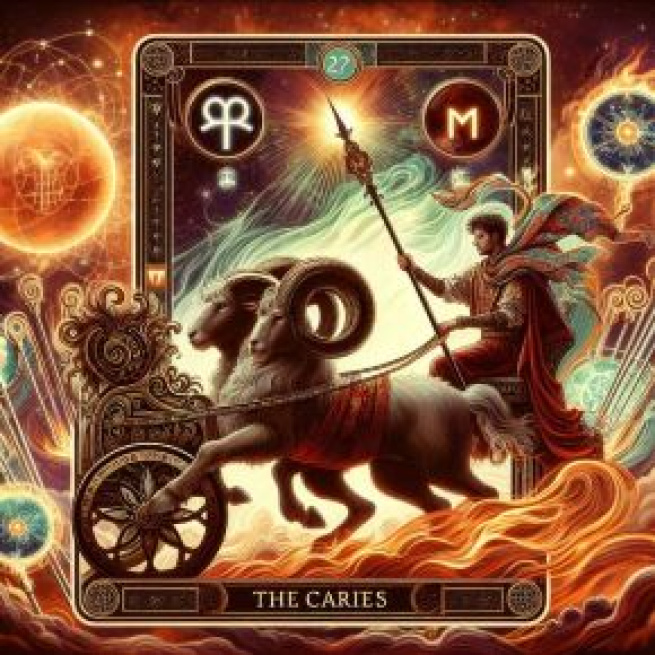 Illustrazione della carta del Carro con simboli dell'Ariete. © Immagine creata con Dall-E
