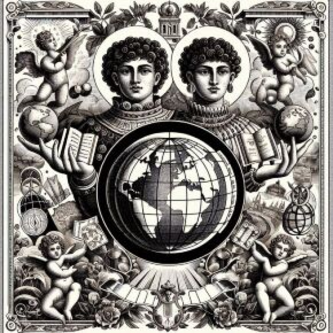 Gemelli e la carta del Mondo, il simbolo dell'espansione e della scoperta. © Immagine creata con Dall-E