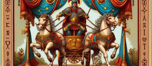 L'immagine rappresenta la carta del Carro e il Leone, simbolizzando il potere e il movimento. © Immagine creata con Dall-E