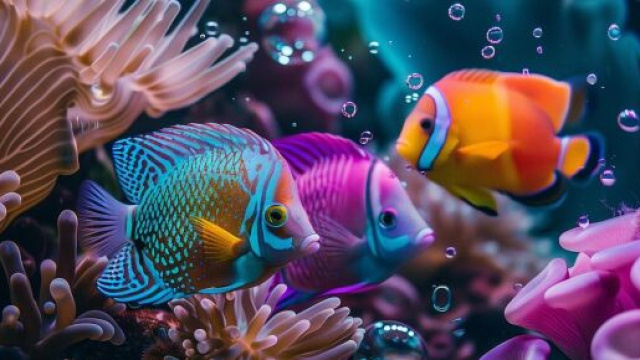 Pesci tropicali tra anemoni e bolle in un acquario © Pixabay.